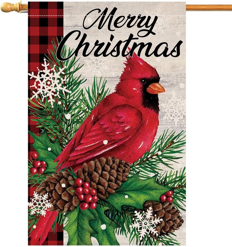 BLKWHT Christmas Cardinal Bird House Flag 28 x 40 Vertical Double Sided Winter Holiday Outside Decorations Burlap Yard Flag BW540-40 - Image 1